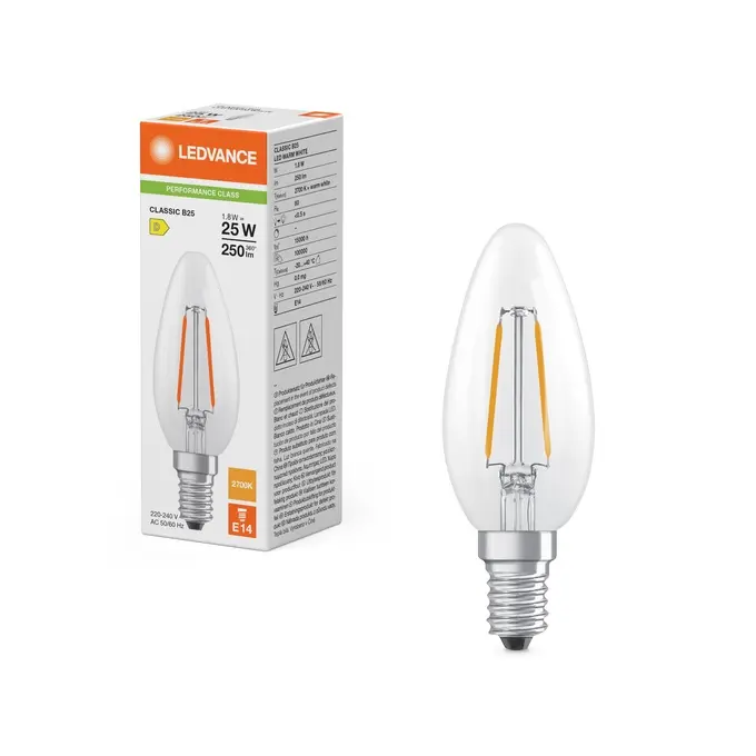 LED kertepær, E14, 250lm, 2700K, 1,8W/827 (25W), klar, LEDVANCE Classic, (10 stk.) - LED Classic B 25 Filament P 1.8W 827 Clear E14.webp