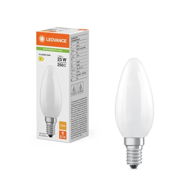 LED kertepær, E14, 250lm, 2700K, 1,8W/827 (25W), mat, LEDVANCE, (10 stk.) - LED Classic B 25 Filament P 1.8W 827 Frosted E14.webp