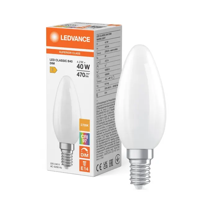 Dæmpbar LED kertepær, Ra97, E14, 470lm, 2700K, 4,2W/927 (40W), mat, LEDVANCE Parathom, (10 stk.) - LED Classic B 40 Filament DIM CRI97 S 4.2W 927 Frosted E14.webp