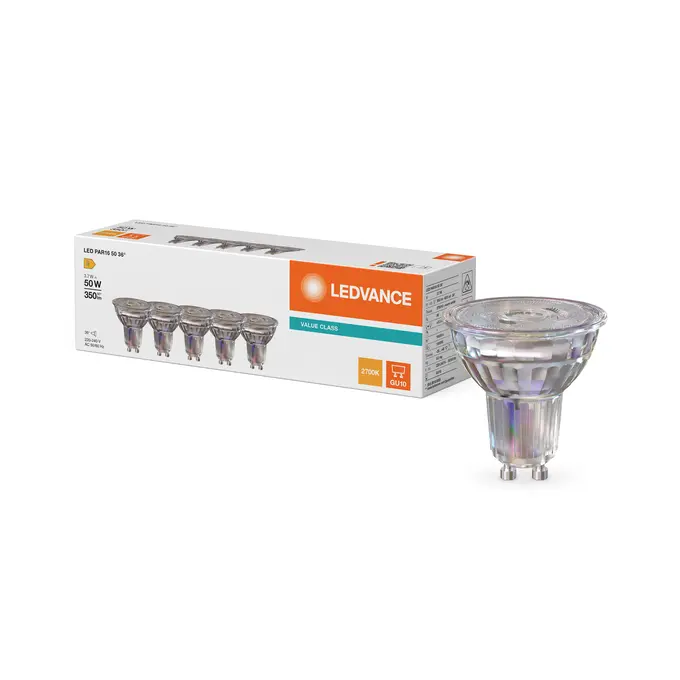 LED 36° spotpære, GU10, 350lm, 2700K, 3,7W/827 (50W), LEDVANCE Classic, 5-pak, (10 stk.) - LED PAR16 50 36° P 3.7W 827 GU10.webp