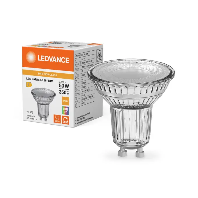Dæmpbar LED 36° spotpære, Ra97, GU10, 350lm, 3000K, 3,7W/927 (50W), LEDVANCE, (10 stk.) - LED PAR16 50 36° DIM S 3.7W 927 GU10.webp