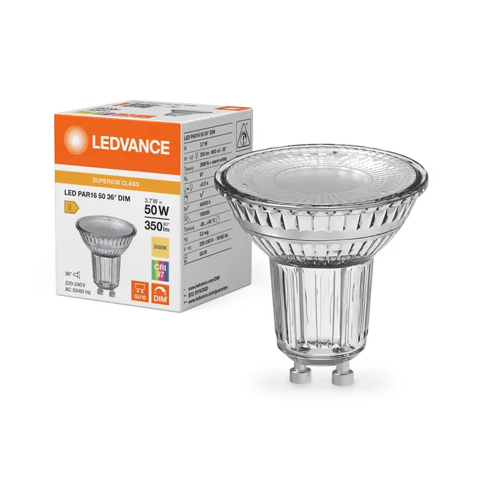 Dæmpbar LED 36° spotpære, Ra97, GU10, 350lm, 3000K, 3,7W/930 (50W), LEDVANCE, (10 stk.) - LED PAR16 50 36° DIM S 3.7W 930 GU10.webp