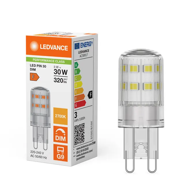 Dæmpbar LED stiftpære, G9, 320lm, 2700K, 3W/827 (30W), klar, LEDVANCE, (20 stk.) - LED PIN 30 300° DIM P 3W 827 Clear G9.webp
