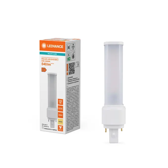 LED kompaktrør, G24D-1, 540lm, 3000K, 5W/830 (10W), EM+230V, LEDVANCE Dulux, (10 stk.) - DULUX LED D10 EM & AC MAINS VALUE 5W 830 G24D-1.webp