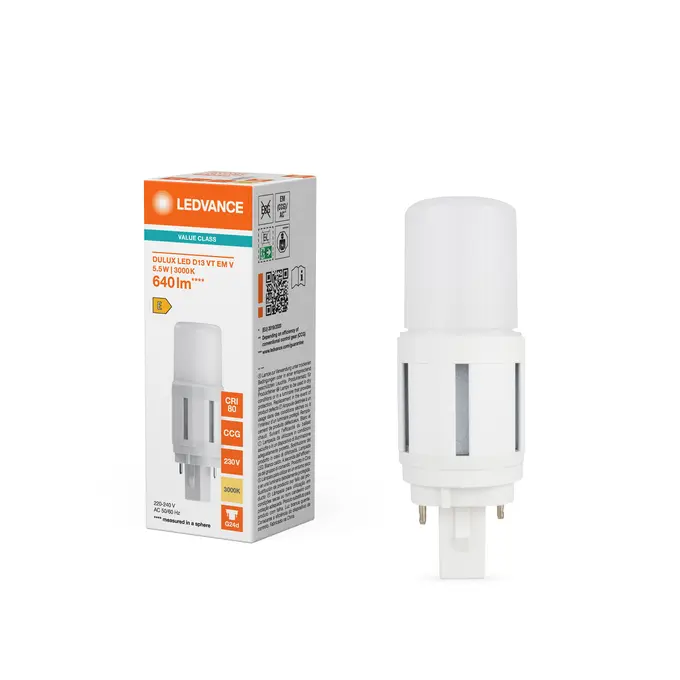 LED kompaktrør, G24D, 640lm, 3000K, 5,5W/830 (13W), EM+230V, LEDVANCE Dulux, (10 stk.) - DULUX LED D13 VT EM & AC MAINS VALUE 5.5W 830 G24D.webp
