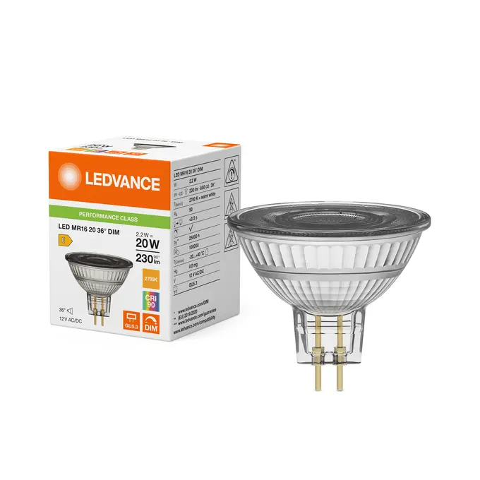 Dæmpbar LED spotpære, Ra90, GU5.3, 230lm, 2700K, 2,3W/927 (20W), LEDVANCE, (10 stk.) - LED MR16 20 36° DIM P 2.2W 927 GU5.3.webp