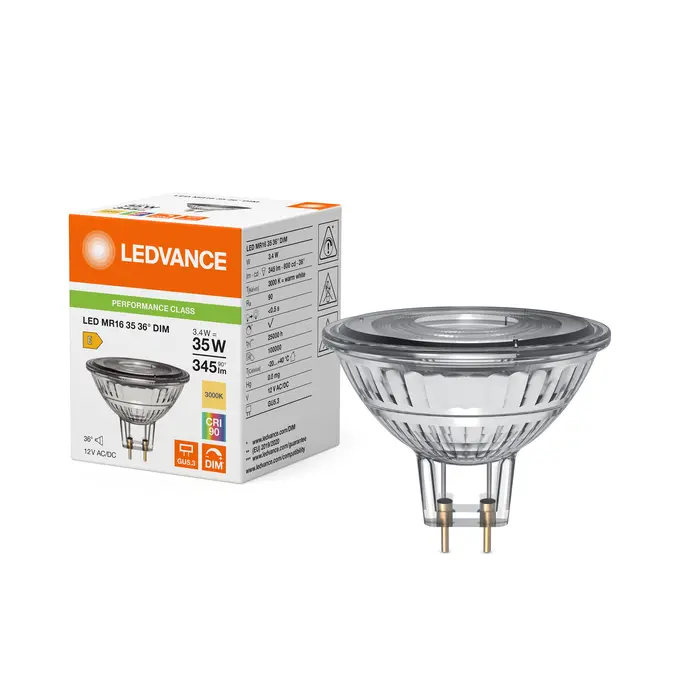 Dæmpbar LED spotpære, Ra90, GU5.3, 350lm, 3000K, 3,4W/930 (35W), LEDVANCE, (10 stk.) - LED MR16 35 36° DIM P 3.4W 930 GU5.3.webp