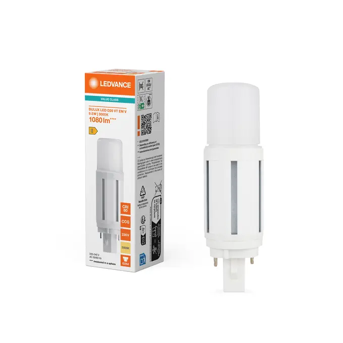 LED kompaktrør, G24D, 1080lm, 3000K, 9,5W/830 (26W), EM+230V, LEDVANCE Dulux, (10 stk.) - DULUX LED D26 VT EM & AC MAINS VALUE 9.5W 830 G24D.webp