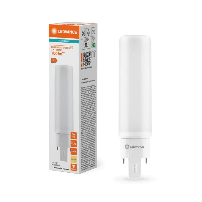 LED kompaktrør, G24q-2, 700lm, 3000K, 7W/830 (18W), HF+230V, LEDVANCE Dulux, (10 stk.) - DULUX LED D-E18 HF & AC MAINS VALUE 7W 830 G24Q-2.webp