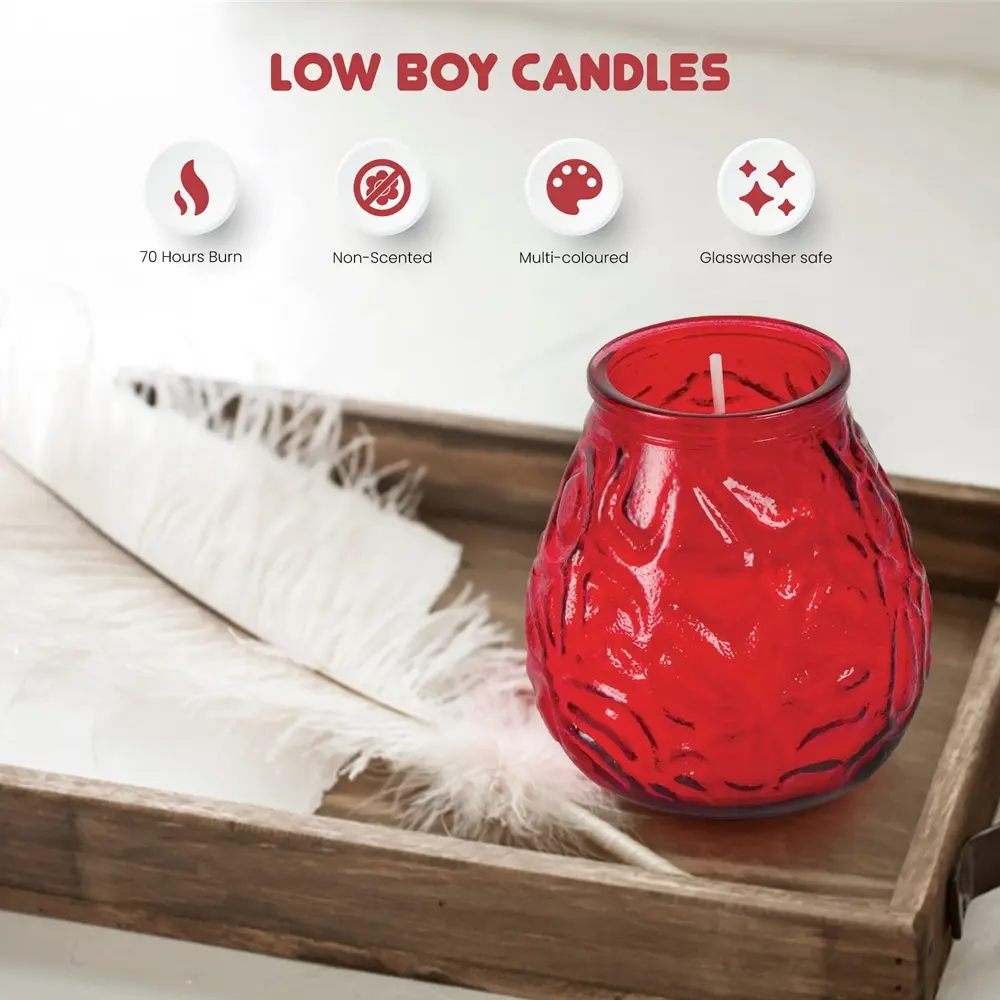 Lysbowle, Ø7,5x7,5cm, rød, glaslys, brændetid 17 timer, CT MINI LOWBOY, (1 sæt á 15 stk.) - MINI LOWBOY RØD LYS.webp