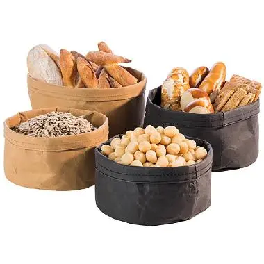 Brødkurv, Ø17x11cm, kraftig, foldbar, papirspose, læderlook, brun, (1 stk.) - Brødkurve i foldbar læderlook.webp