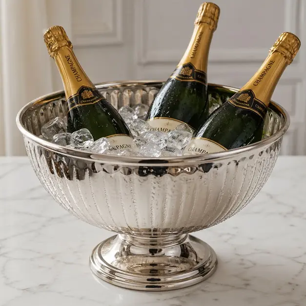 Champagnebowle på fod, stor, Ø36,5x24cm, med rillet overflade, metal, (1 stk.) - Champagnebowl på fod.webp