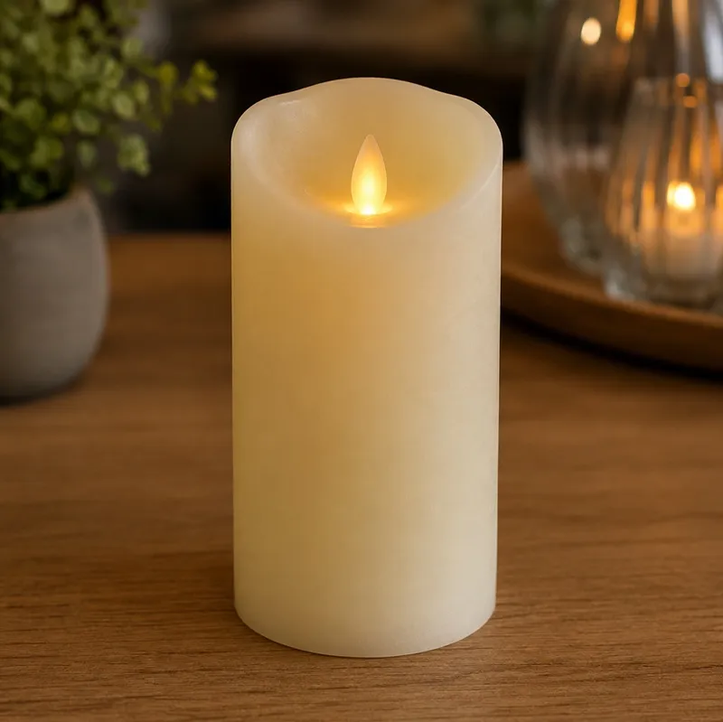 LED bloklys med bevægelig flamme, L, 15cm, Ø7,5cm, hvid, plast, (1 stk.) - LED bloklys med bevægelig flamme.webp