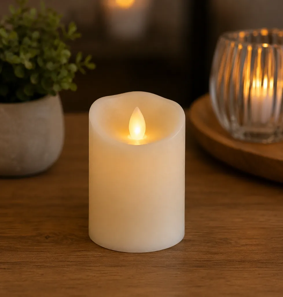 LED bloklys, S, 10cm, Ø7,5cm, hvid, plast, med pulserende flamme, (1 stk.) - LED bloklys med bevægelig flamme.webp