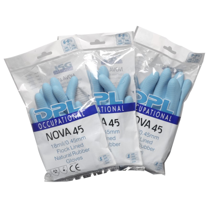 Latexhandske, M, blå, indvendig velourisering, DPL Nova 45, (12 par).