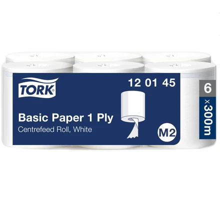 Aftørringspapir, Basic, 1-Lag, hvid, 300m, Universal, M2, 120145, Tork, (6 stk.)