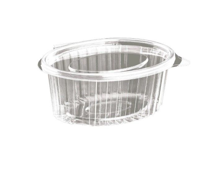 Plastbæger, 750 ml, 14,5x19x6 cm, Oval, Hængslet låg, RPET, Klar, (400 stk.)