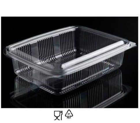 Plastbæger, 1250 ml, 14x19,5x6,0cm, firkantet, hængslet, låg, RPET, Klar, (400 stk.)