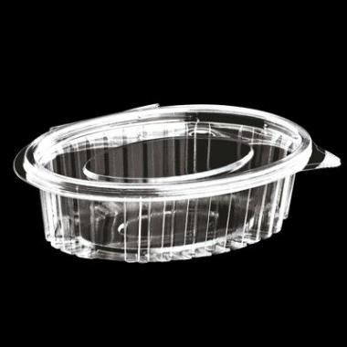 Plastbæger m. hængslet låg, 250 ml, 11,2x14,5x4,2 cm, Oval, RPET, Klar, (800 stk.)