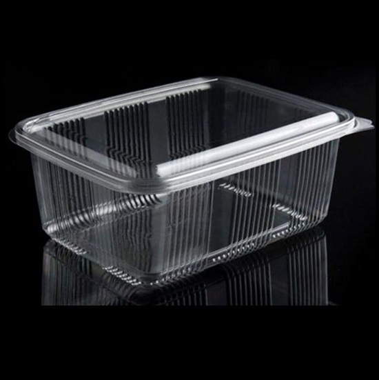Plastbæger m. hængslet låg, 2000 ml, 14x19,5x9 cm, firkantet, RPET, Klar, (400 stk.)