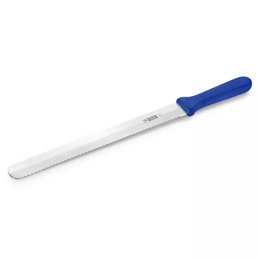 Bagerkniv, 31 cm, rustfrit stål, flad og bølget klinge på begge sider, blåt plastgreb, Thermohauser, (1 stk.)