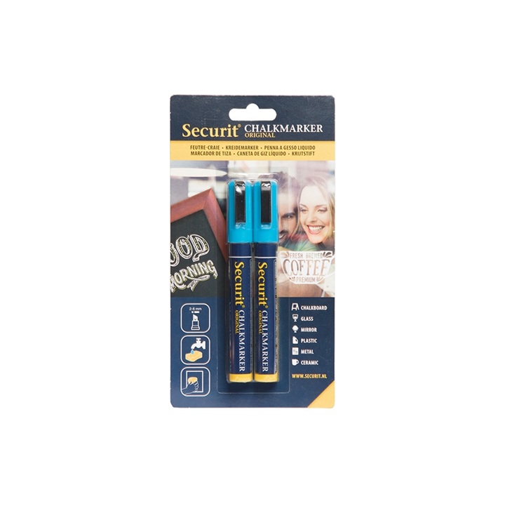 Kridtmarker med skrå spids: 2-6 mm skrivebredde, Securit, Original, flydende kridt, flere farver, (2 stk.) (Blå)