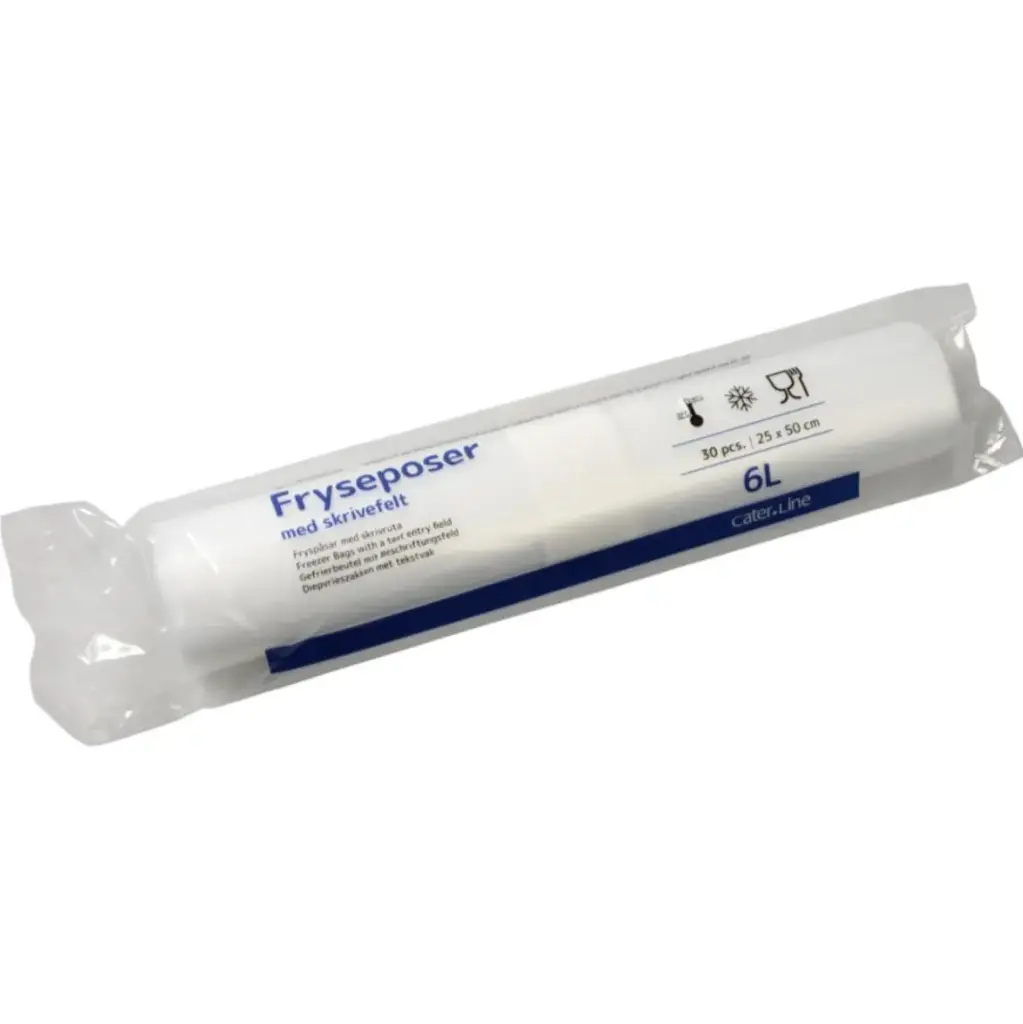 Frysepose med skrivefelt, 6 l, klar, LDPE/virgin, 25x50cm, 34 my, (48 rl á 30 stk - 1440 stk.)