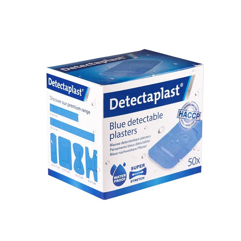 Detekterbare plastre, vandtætte m/ super stretch, 50x72mm, blå, Detectaplast, (pk á 50 stk.)