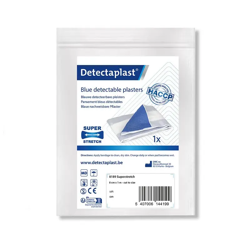 Detekterbar plasterrulle m/ super stretch, 8cm x 1m, blå, Detectaplast, (1 stk.)