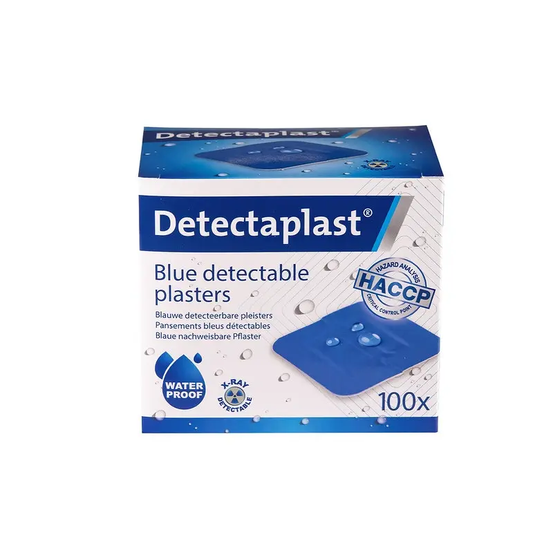 X-ray detekterbare plastre, vandtætte, 38x38mm, blå, Detectaplast, (pk á 100 stk.)