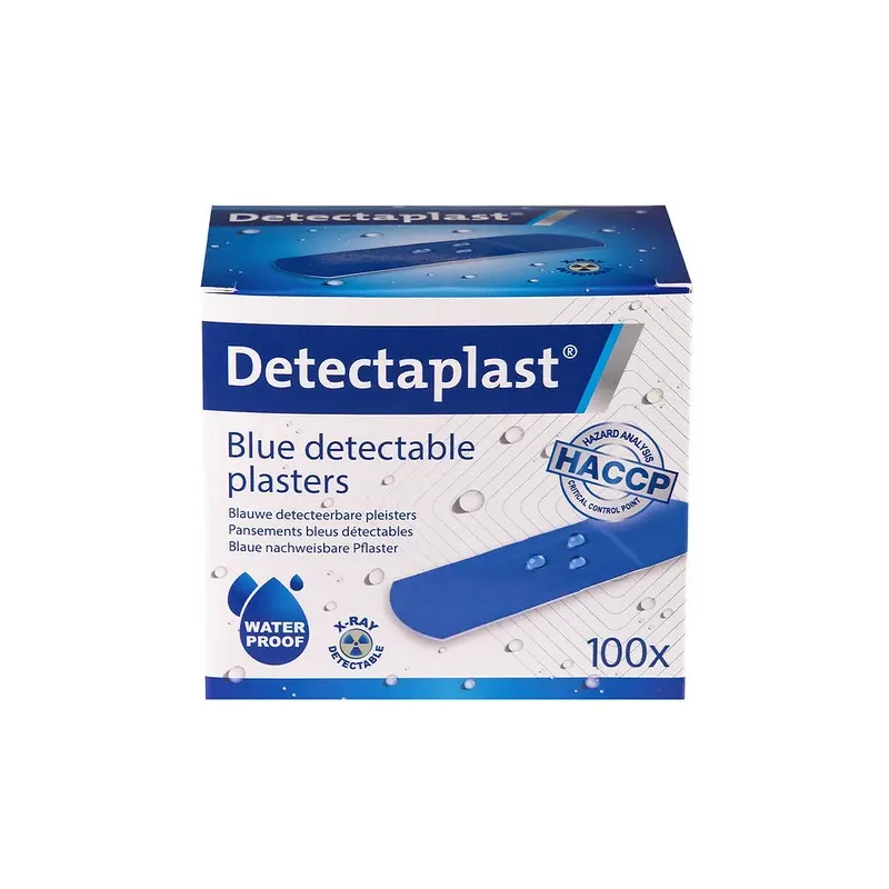 X-ray detekterbare plastre, vandtætte, 25x72mm, blå, Detectaplast, (pk á 100 stk.)