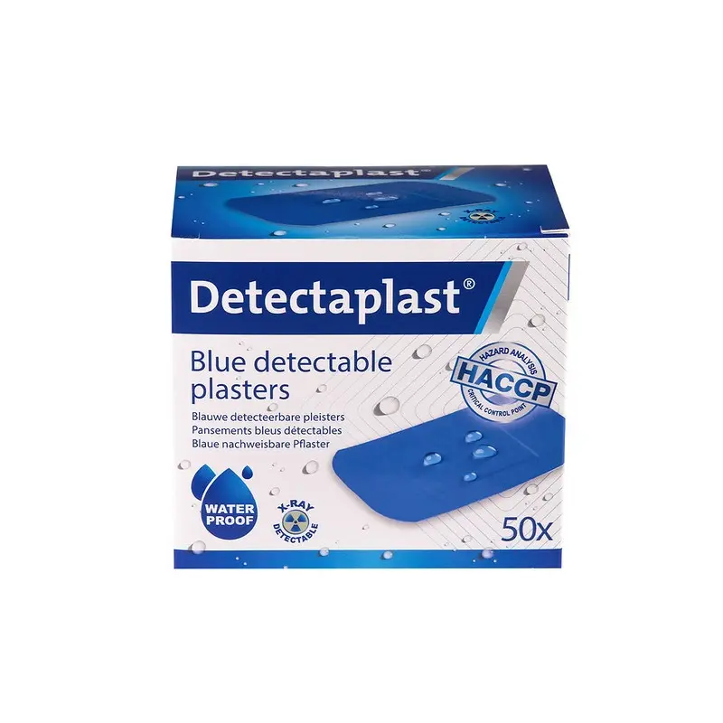 X-ray detekterbare plastre, vandtætte, 50x72mm, blå, Detectaplast, (pk á 50 stk.)