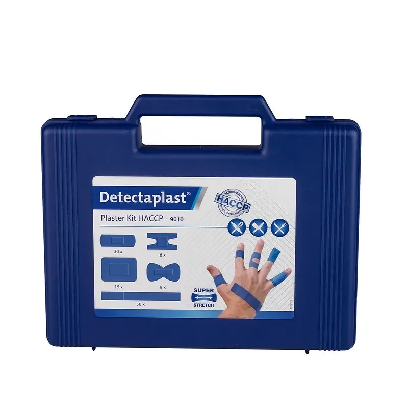 Plasterboks m/ detekterbare super stretch plastre, blå, 110 stk blandet, Detectaplast, (1 stk.)