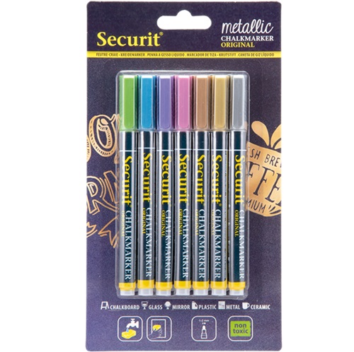 Kridtmarker med rund spids: 1-2 mm skrivebredde, Securit, 7 farver, flydende kridt, i blisterkort, (7 stk.)