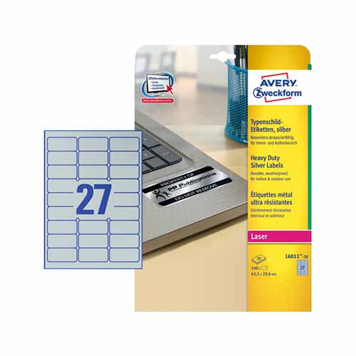 Laseretiket, Avery, sølv, 63,5x29,6mm, 27 labels pr ark, 20 ark pr pakke, (1 stk.)