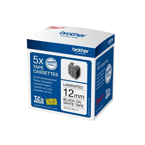 Labeltape, Brother, TZe-231M5, 12mmx8m, sort på hvid, lamineret, (1 pakke med 5 stk.)