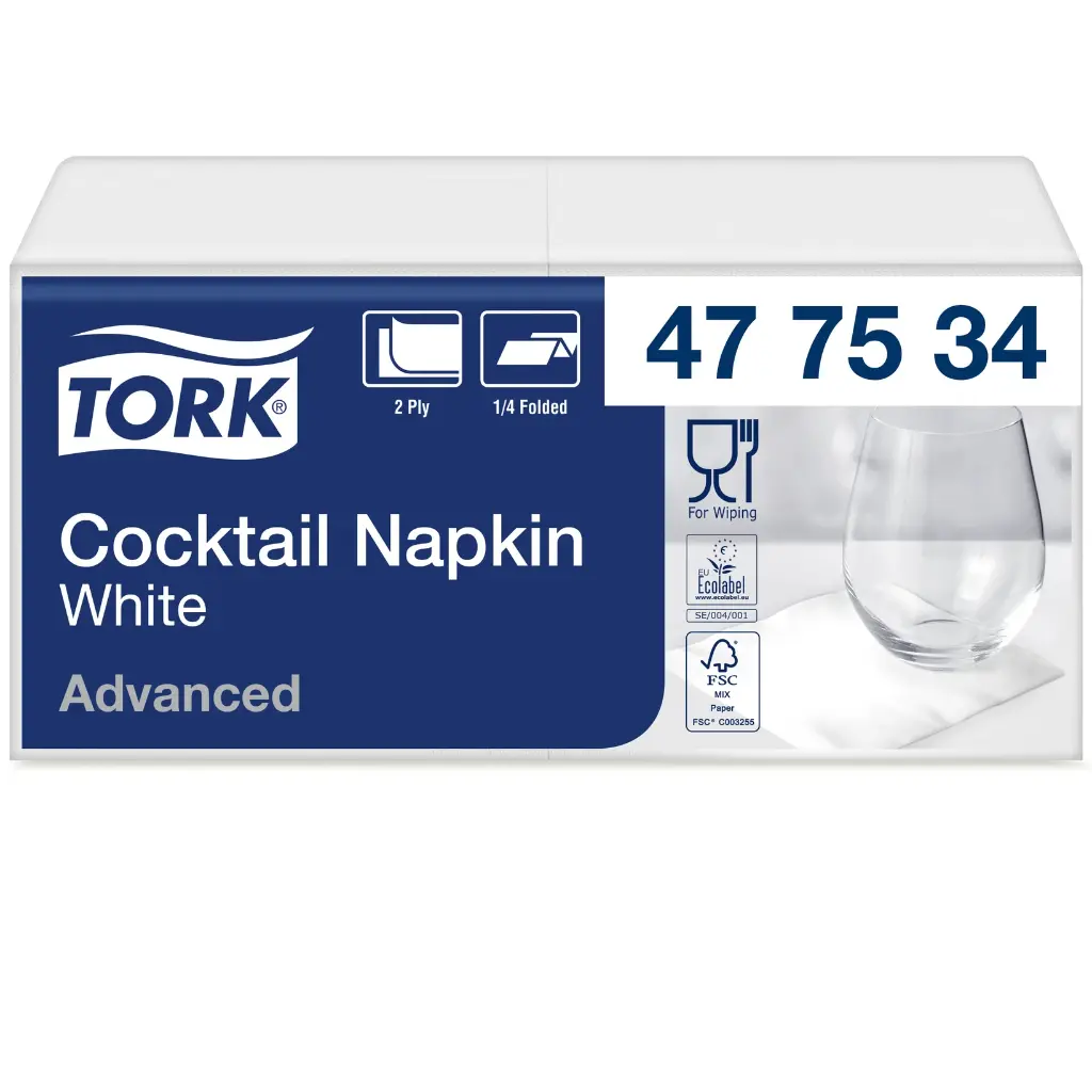 Cocktailserviet, Advanced, hvid, 24x24cm, 2-lags, Tork 477534, (2400 stk.)