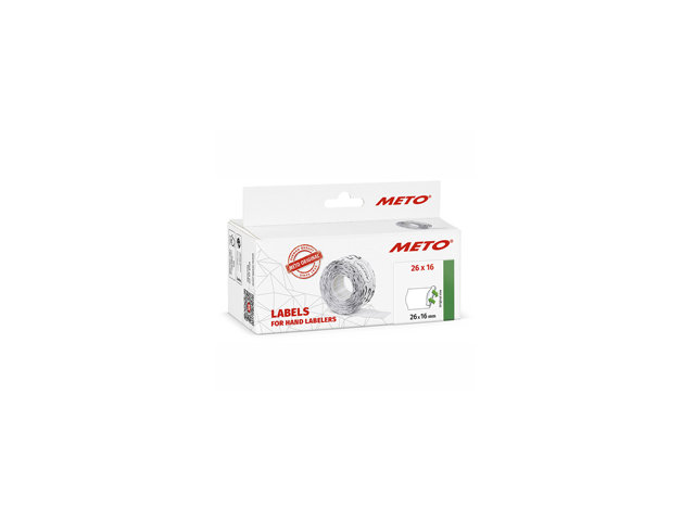 Prisetiket, 26x16mm, Meto, hvid, 18ciff. aftagelig 2 linjer, 6 rulle, (6000 etiketter.)