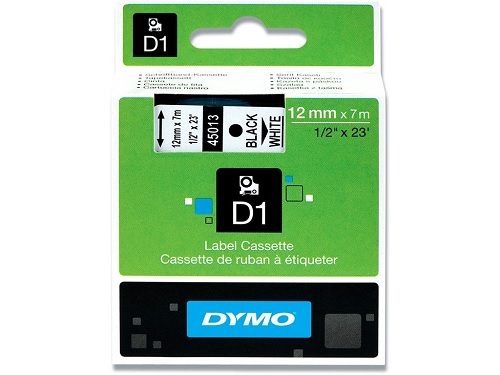 D1 Labeltape til dymo, tape 12mm x 7 meter, Sort på hvid, 45013, (1 stk.)