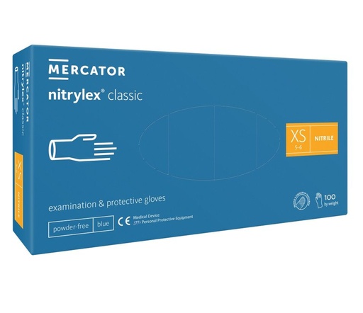 [11380] Nitrilhandsker, Blå, XS, Mercator, Classic, Pudderfri, CAT III, (100 stk.)