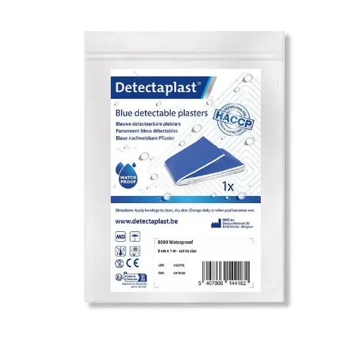 [45589] Detekterbar plasterrulle, vandtætte, 8cm x 1m, blå, Detectaplast, (1 stk.)