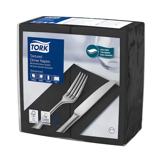 Middagsserviet, 39 x 38cm, 2-lags, 1/8-fold, Advanced, sort, tekstur, Tork 509421, (20 pk á 50 stk, 1000 stk.)