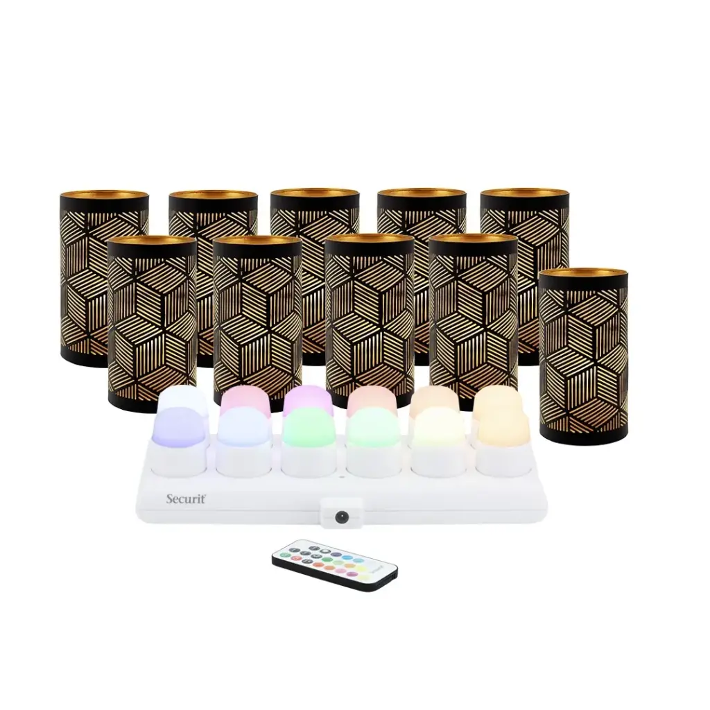 SANTORINI sort/guld metal stager & LED lys m/ hvidt+farvet lys, Securit (sæt á 12 stk.)