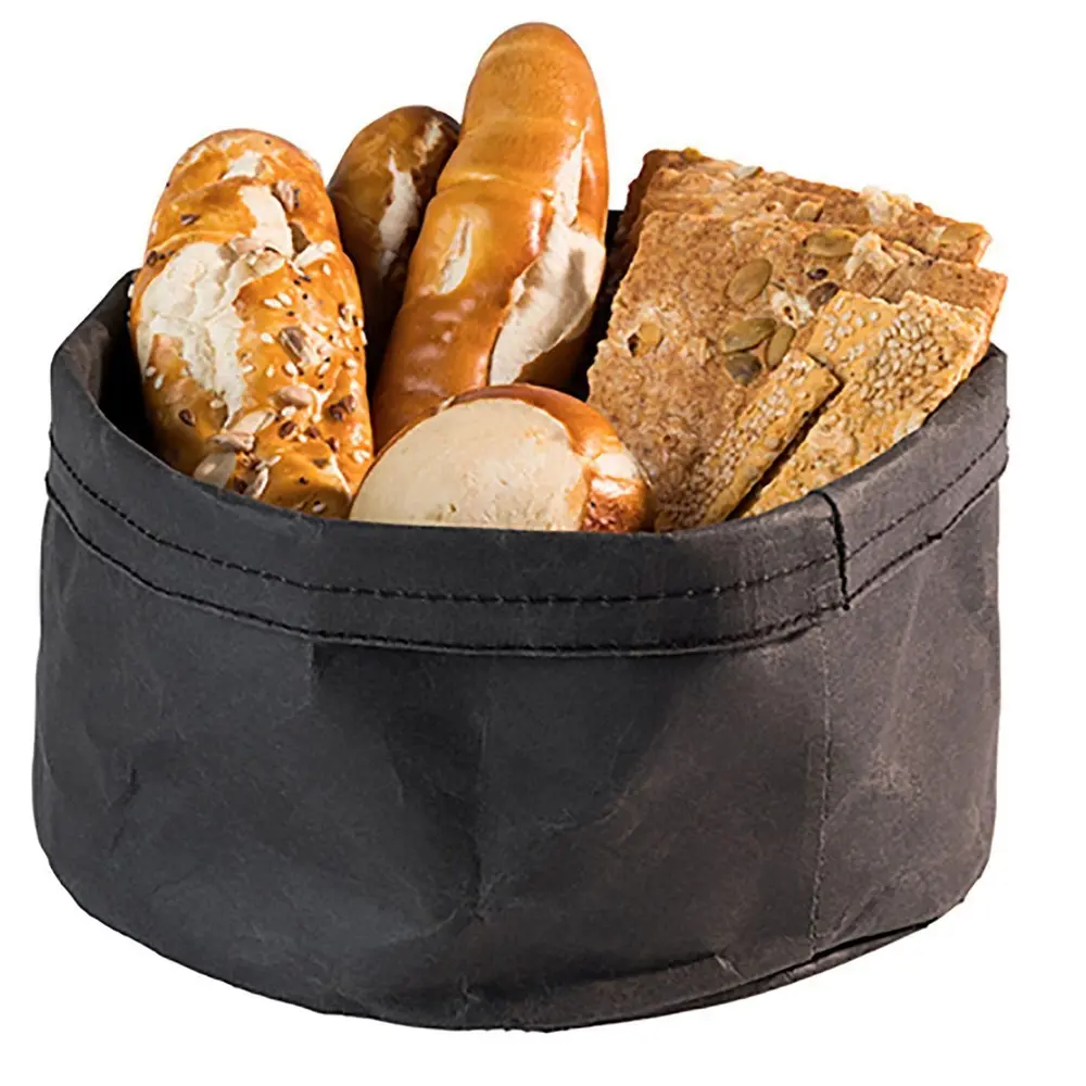 Brødkurv, Ø20x13cm, kraftig, foldbar, papirspose, læderlook, sort, (1 stk.)