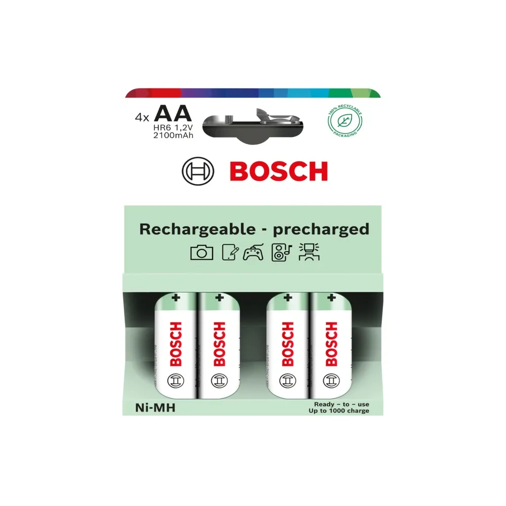 AA-genopladelig batteri (HR6), Bosch Rechargeable NiMh, 2100 mAh, 4-pak, (1 stk.)