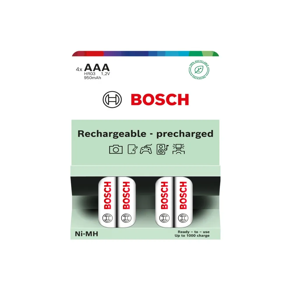 AAA-genopladelig batteri (HR03), Bosch Rechargeable NiMh, 950 mAh, 4-pak, (1 stk.)