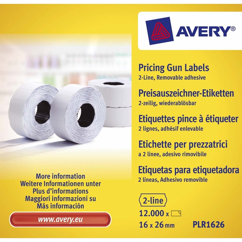 Prisetiket, Avery, PLR1626, 2 linjer 26x16mm hvid, antal etiketter pr. ark : 1200 rulle a 1200 etike (Rulle)