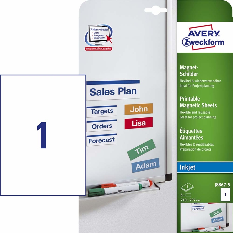 Magnetskilt, Avery, J8867-5, Inkjet 210x297mm hvid, antal etiketter pr. ark : 1 pakke a 5 stk (Pakke)