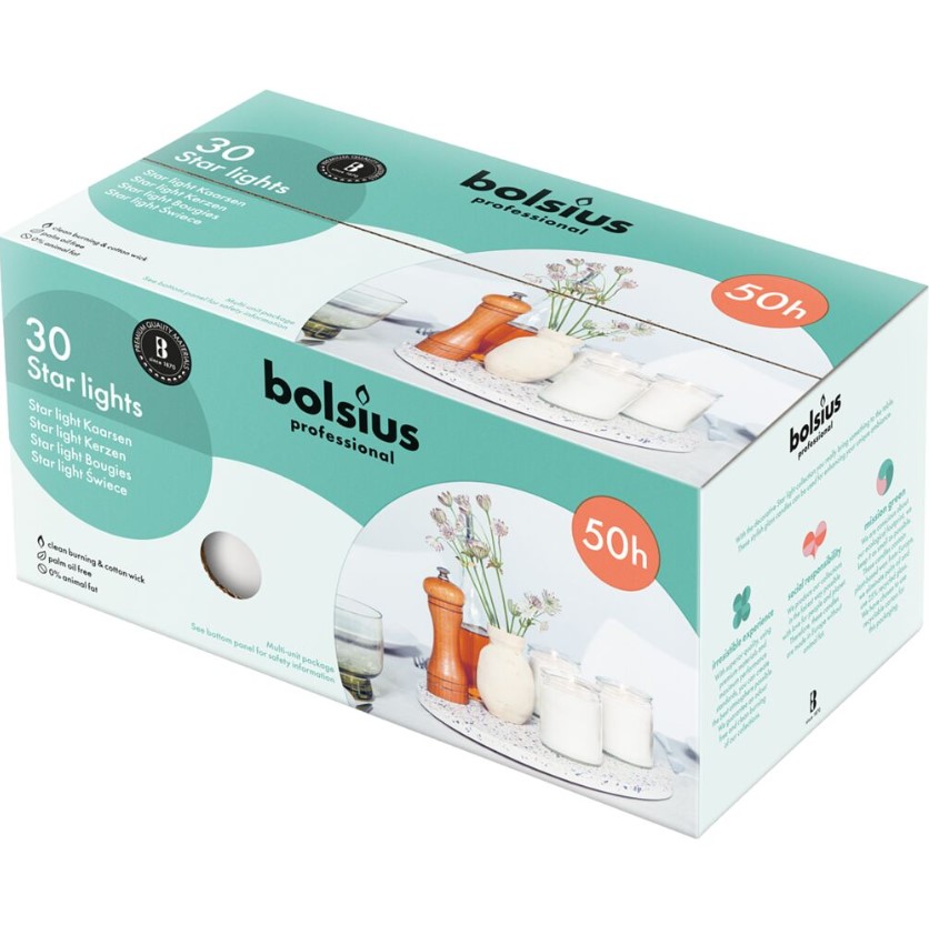Glaslys, Bolsius Starlight, Refill, 8,2xØ6,8cm, 50 timer, paraffin, Hvid, (30 stk.)