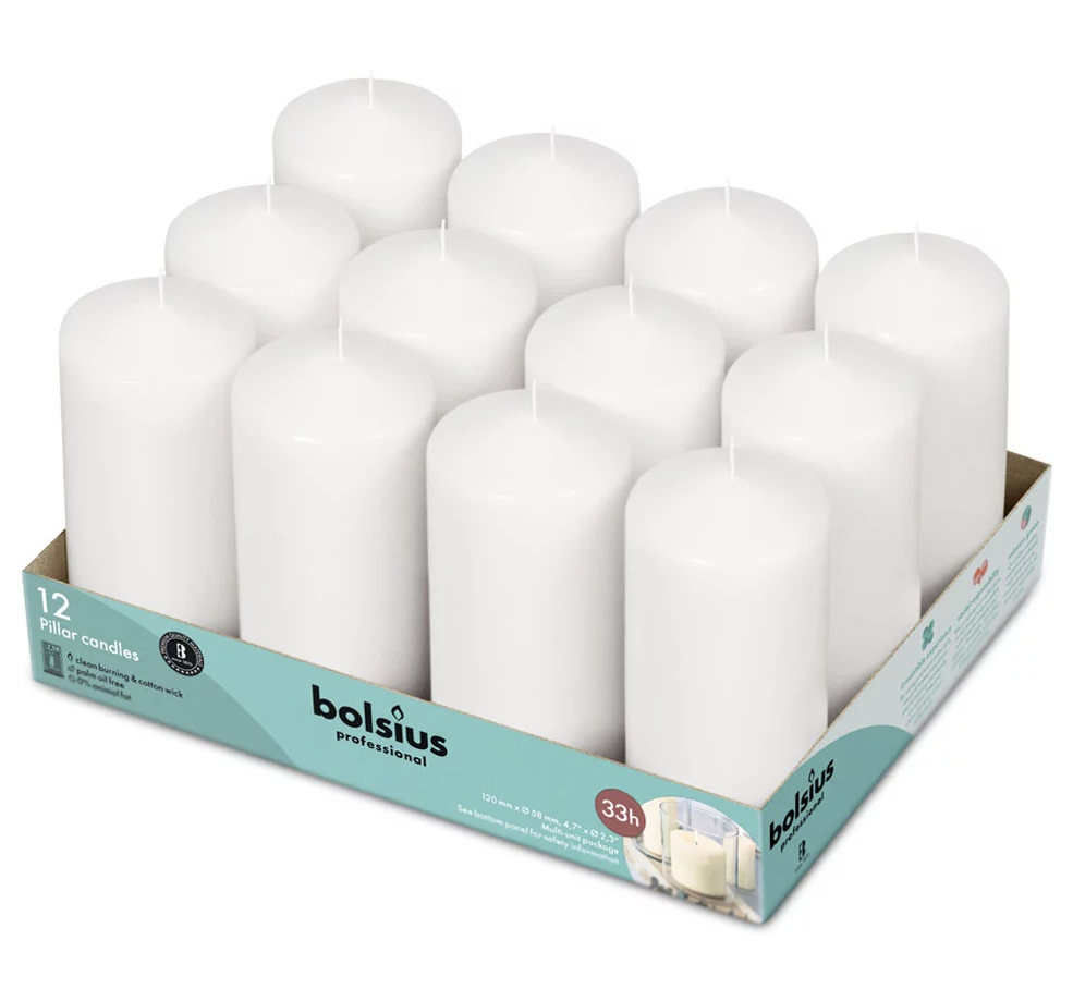 Bloklys, 12cm, Ø5,8cm, Bolsius, hvid, 33 timer, paraffin, (12 stk.)